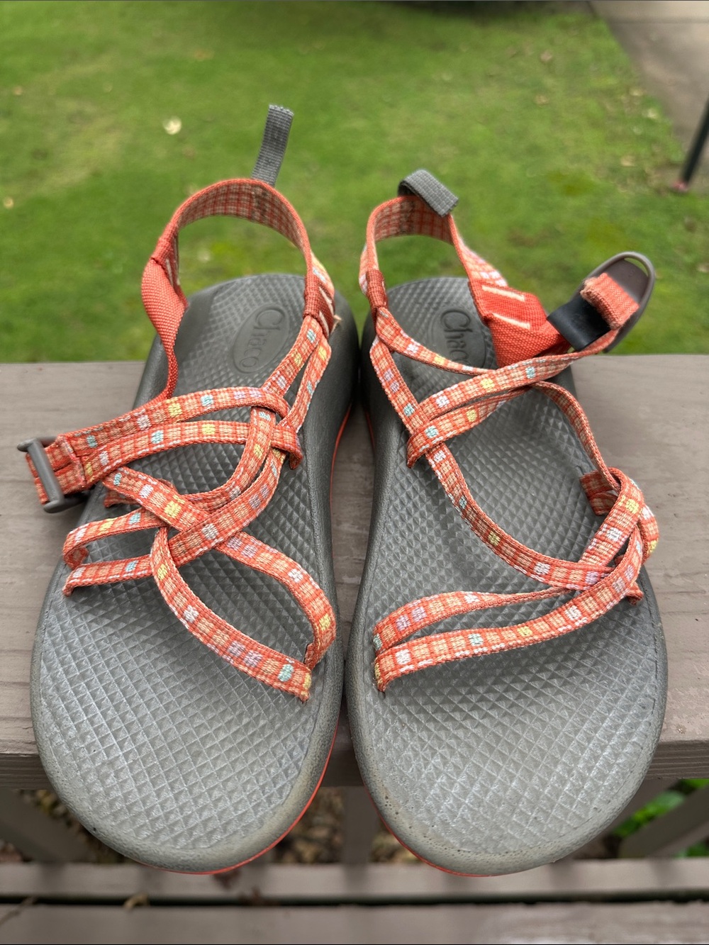 Chaco Women's Orange Patterned Strap Sandals with Gray Footbed